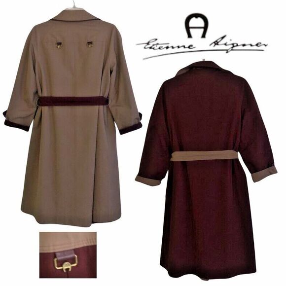 Etienne Aigner Reversible Trench Coat Womens Size 8P Oxblood/Khaki Leather Trim - Picture 3 of 15